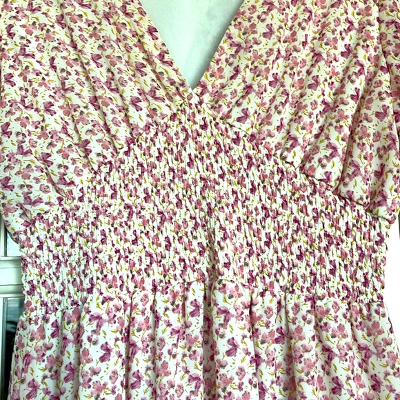 She+Sky pink floral sheer lined ruched waist v-neck boutique dress, Medium - Picture 3 of 8